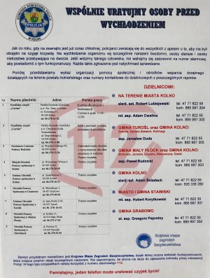 Plakat pt. Wspólnie uratujmy osoby przed wychłodzeniem, na którym umieszczone są dane teleadresowe organizacji pomocy społecznej i ośrodków wsparcia doraźnego na terenie powiatu kolneńskiego oraz dzielnicowych Komendy Powiatowej Policji w Kolnie.