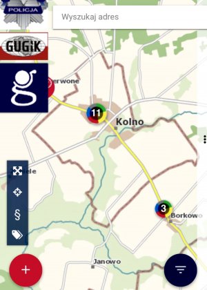 Zrzut ekranu z aplikacji Krajowa Mapa Zagrożeń Bezpieczeństwa, na którym widoczne są miejscowości: Kolno, Janowo, Borkowo, Czerwone oraz liczba naniesionych w ostatnim czasie zgłoszeń.