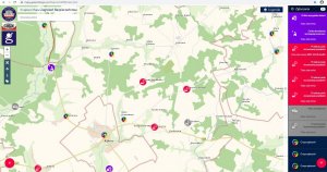 Zrzut ekranu z otwartej aplikacji Krajowej Mapy Zagrożeń Bezpieczeństwa - mapa, na której widoczne są niektóre miejscowości powiatu kolneńskiego.