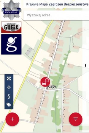 Zrzut ekranu z aplikacji Krajowej Mapy Zagrożeń Bezpieczeństwa, przedstawiający mapę z miejscowością Kąty, gdzie zgłoszone jest zagrożenie o nazwie przekraczanie dopuszczalnej prędkości.