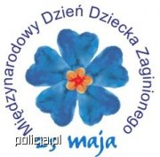 Niebieski kwiatek na białym tle, wokół którego jest napis: Międzynarodowy Dzień Dziecka Zaginionego 25 maja