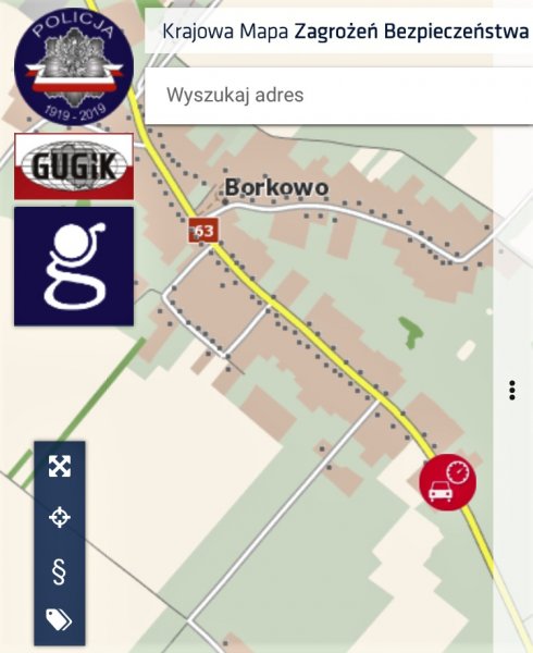 Zrzut ekranu z aplikacji Krajowej Mapy Zagrożeń Bezpieczeństwa, na którym widoczna jest miejscowość Borkowo oraz zaznaczone zagrożenie o nazwie przekraczanie dozwolonej prędkości.